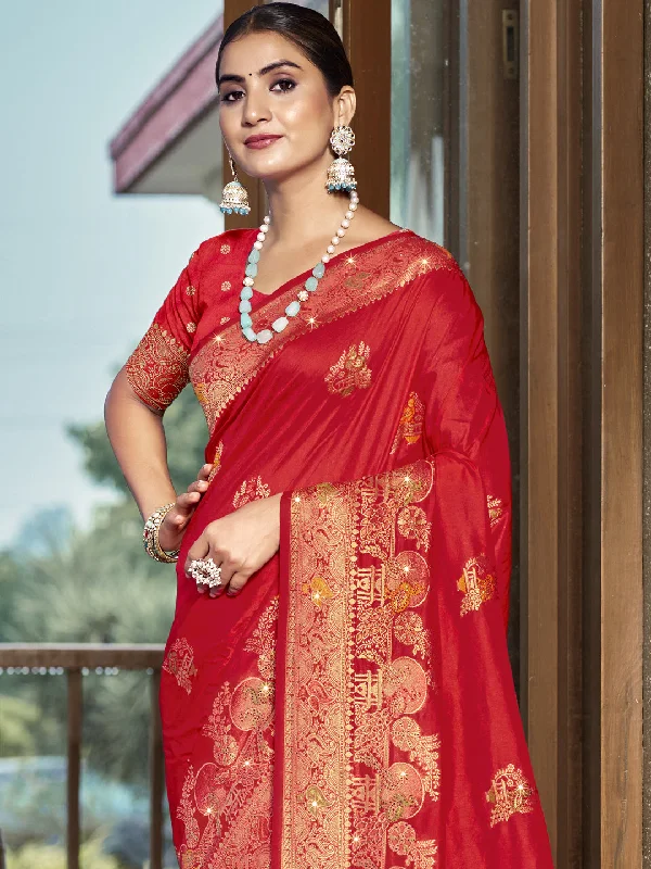 Women Red Silk Saree With Un Stitched Blouse Elegant Office Blouse