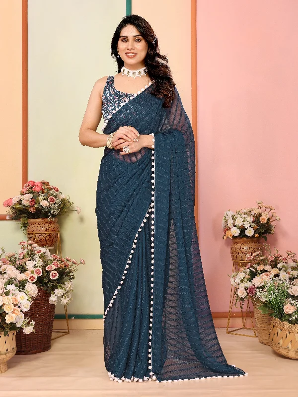 Women Morpich Georgette Patta Plain Saree With Un-Stiched Blouse Feminine Tie Blouse