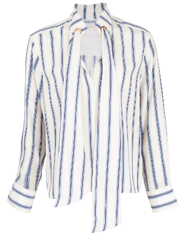 Neck Tie Striped Blouse Casual Relaxed Blouse