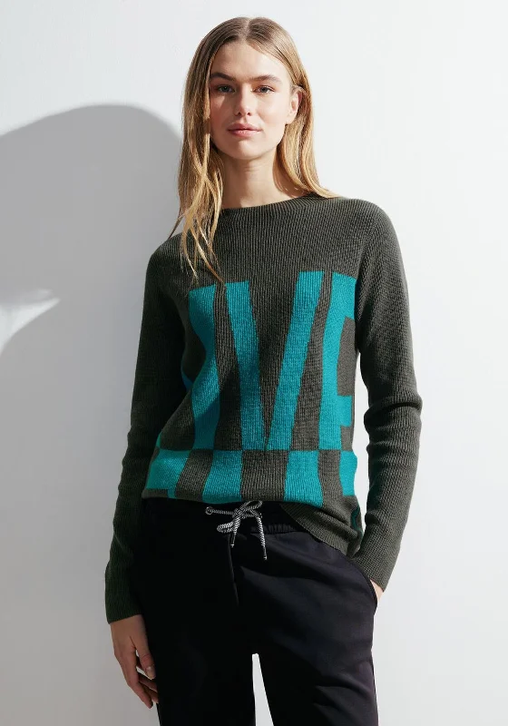 Cecil Text Print Knit Sweater, Dynamic Khaki Print Jacquard Patchwork
