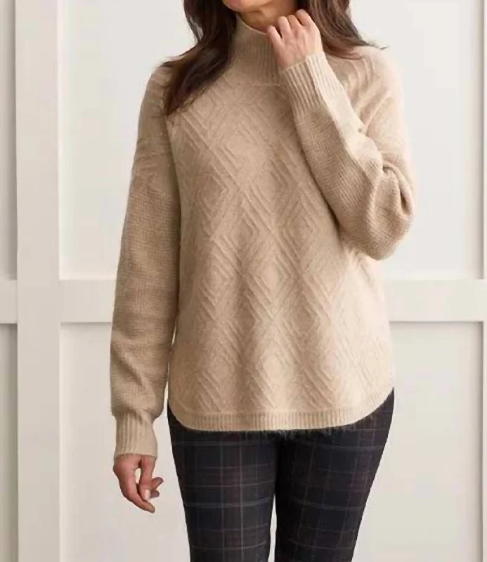 Long Sleeves Mock Neck Sweater In Oatmeal Graphic Sweater Embroidered Appliqued