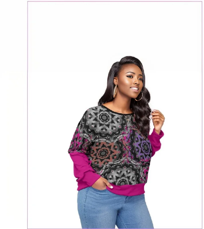 Mandala Graffiti Womens Backless Sweatshirt With Bat Sleeve Voluptuous(+) Plus Size Hoodie with Zipper Placket Modern Functional