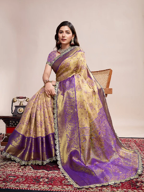 Women Party Wear Jari Weaving Worked Kanjivaram Silk Saree with Un Stitched Blouse Stylish Wrap Blouse