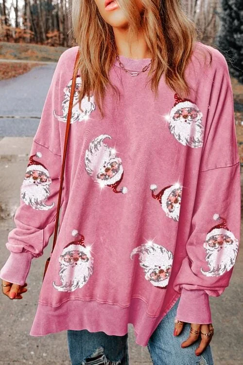 Sequin Santa Pink Drop Shoulder Slit Sweatshirt Hoodie with Front Slit Layering Stylish