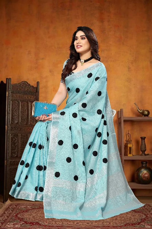 Women Party Wear Embroidery Worked Pure Soft Cotton Silk Saree with Un Stitched Blouse Relaxed Fit Blouse