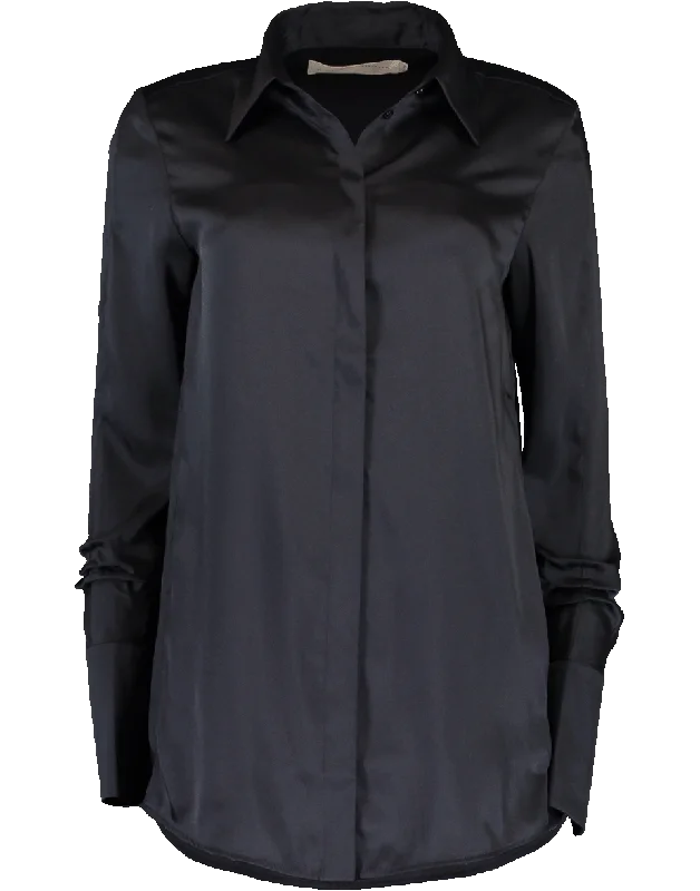 Tuck Sleeve Button Up Blouse High Neck Blouse