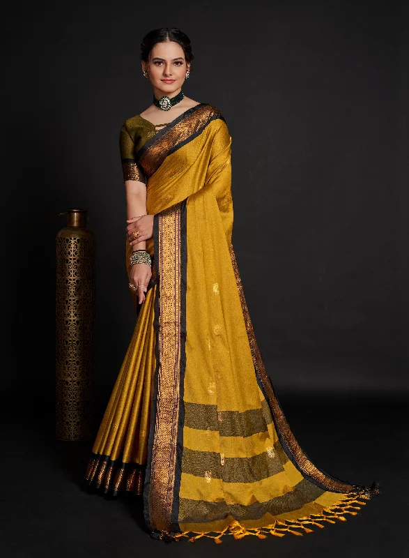 Women Yellow Lichi Soft Silk Weaving Work Saree With Un-Stiched Blouse Chic Ruffle Blouse Women Yellow Lichi Soft Silk Weaving Work Saree With Un-Stiched Blouse Chic Ruffle Blouse