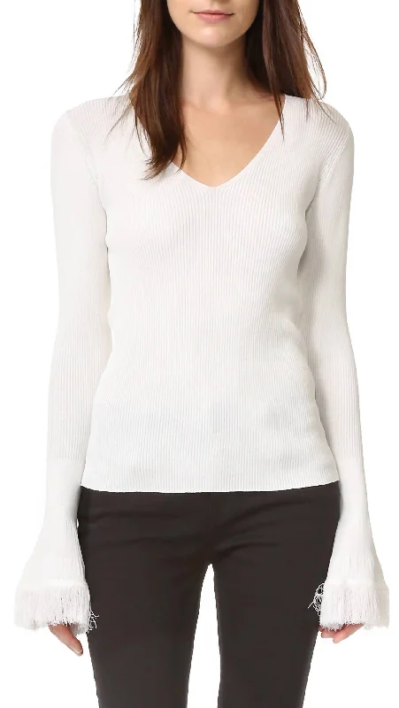 V-Neck Ribbed Sweater In White Striped Floral Plaid