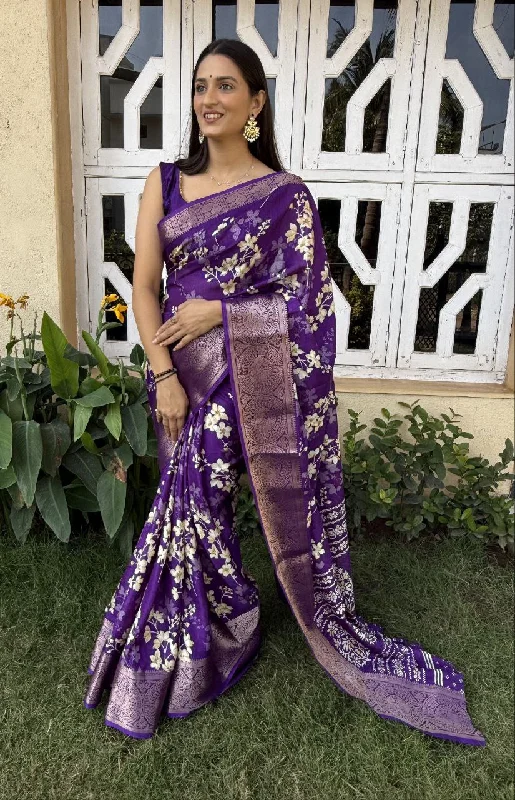 Women Party Wear Flower Printed Dhola Silk Saree with Un Stitched Blouse Gathered Detail Blouse