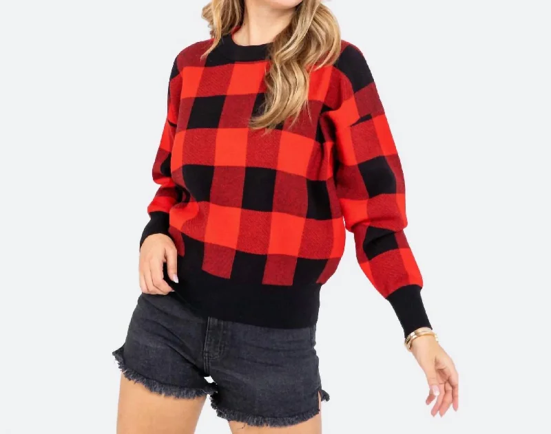 Gingham Check Knit Sweater In Red/black Ribbed Striped Patterned