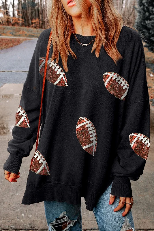 Sequin Football Patch Slit Sweatshirt Hoodie with Lace Feminine Delicate