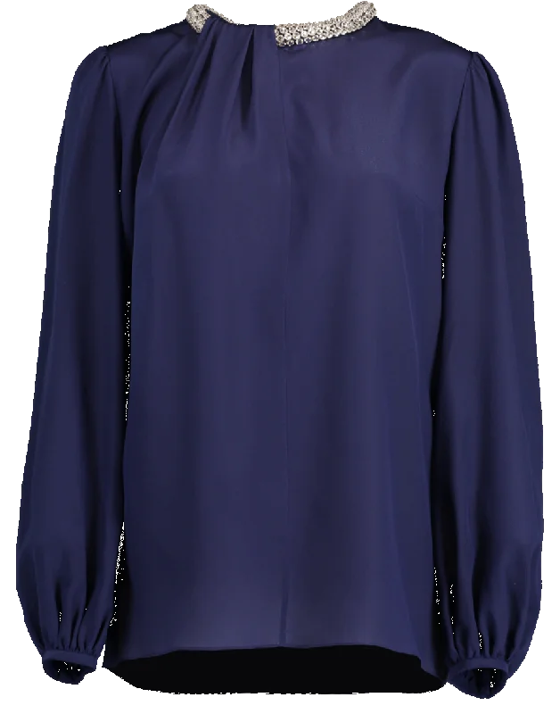 Jeweled Neckline Blouse Classic Striped Blouse