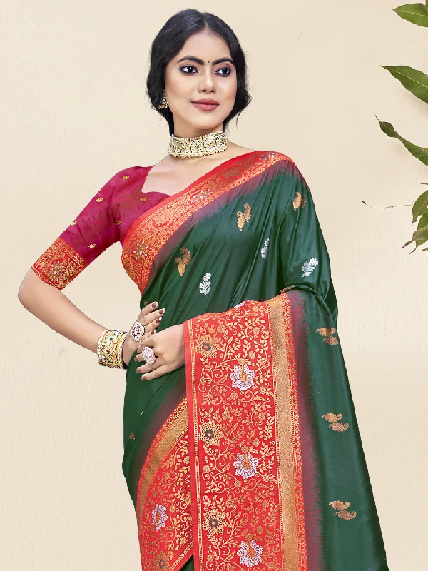 Women Bottle Green Silk Saree With Un Stitched Blouse Mandarin Collar Blouse