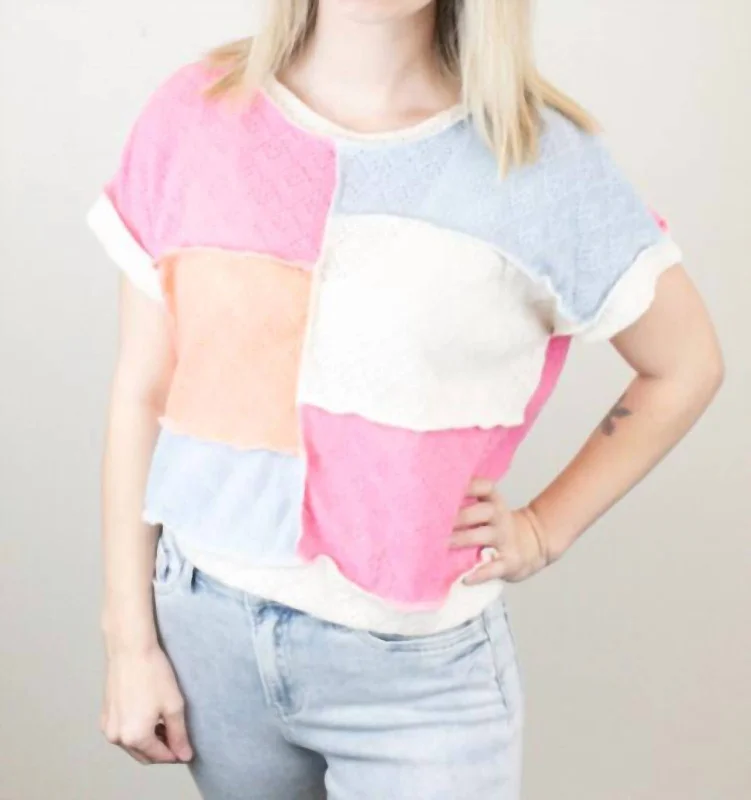 Colorblock Sweater Knit Top In Pink Multi Stylish Fashionable Trendy
