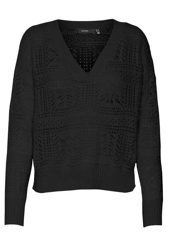 Vero Moda Bril Cut-Out Pattern Sweater, Black Soft Cozy Warm