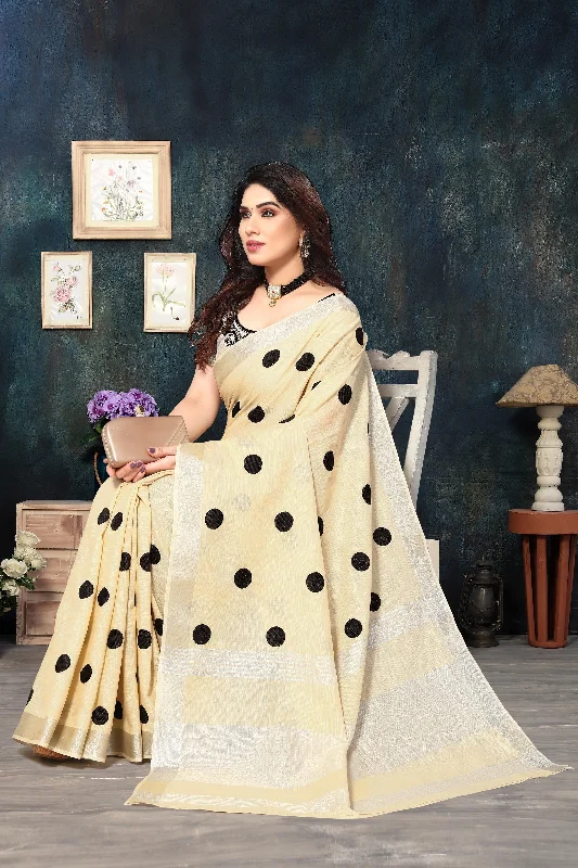 Women Party Wear Embroidery Worked Pure Soft Cotton Silk Saree with Un Stitched Blouse Semi-Sheer Blouse