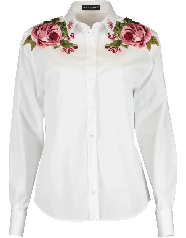 Rose Embroidered Shoulder Blouse Slim Fit Blouse