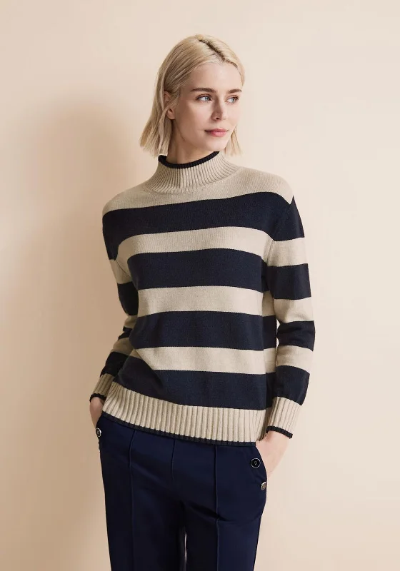 Street One High Neck Stripe Knit Sweater, Deep Blue Polka Dot Checkered Tartan