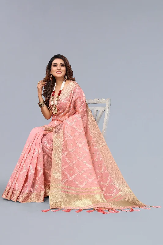 Women Party Wear Embroidery Worked Linen Cotton Saree with Un Stitched Blouse Romantic Lace Blouse