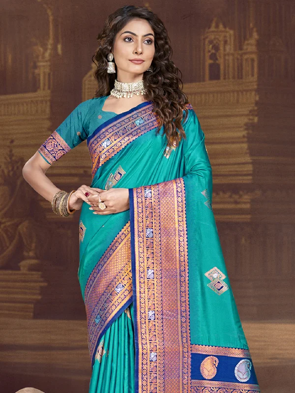 Women Sky Blue Silk Saree With Un Stitched Blouse Side Tie Blouse