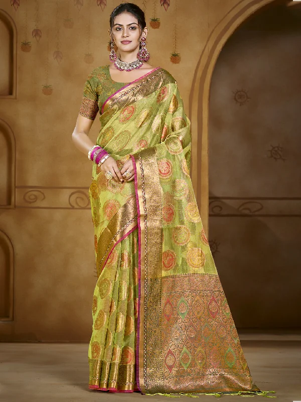 Women Light Green Organza Saree With Un Stitched Blouse Floral Print Blouse