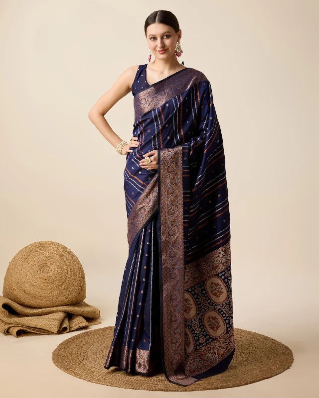 Women Blue Pure Jacquard Zari Work Saree With Un-Stiched Blouse Romantic Lace Blouse Women Blue Pure Jacquard Zari Work Saree With Un-Stiched Blouse Romantic Lace Blouse