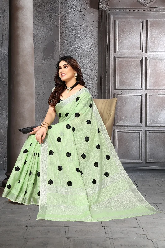 Women Party Wear Embroidery Worked Pure Soft Cotton Silk Saree with Un Stitched Blouse Ruffled Neck Blouse