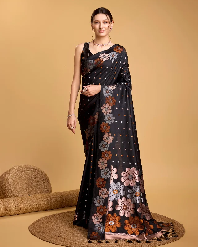 Women Black Pure Jacquard Weaving Work Saree With Un-Stiched Blouse Stretchy Fitted Blouse Women Black Pure Jacquard Weaving Work Saree With Un-Stiched Blouse Stretchy Fitted Blouse