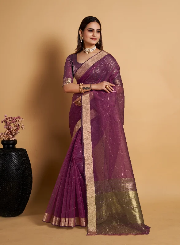 Women Wine Organza Silk Weaving Work Saree With Un-Stiched Blouse Stretchy Fitted Blouse Women Wine Organza Silk Weaving Work Saree With Un-Stiched Blouse Stretchy Fitted Blouse