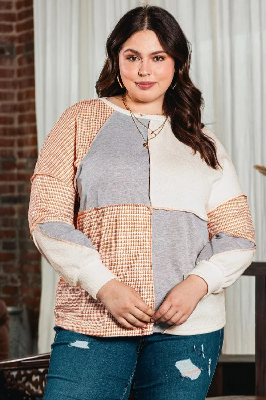 Plus Size Exposed Seam Color Block Round Neck Sweatshirt Hoodie with Mock Neck Collared Structured