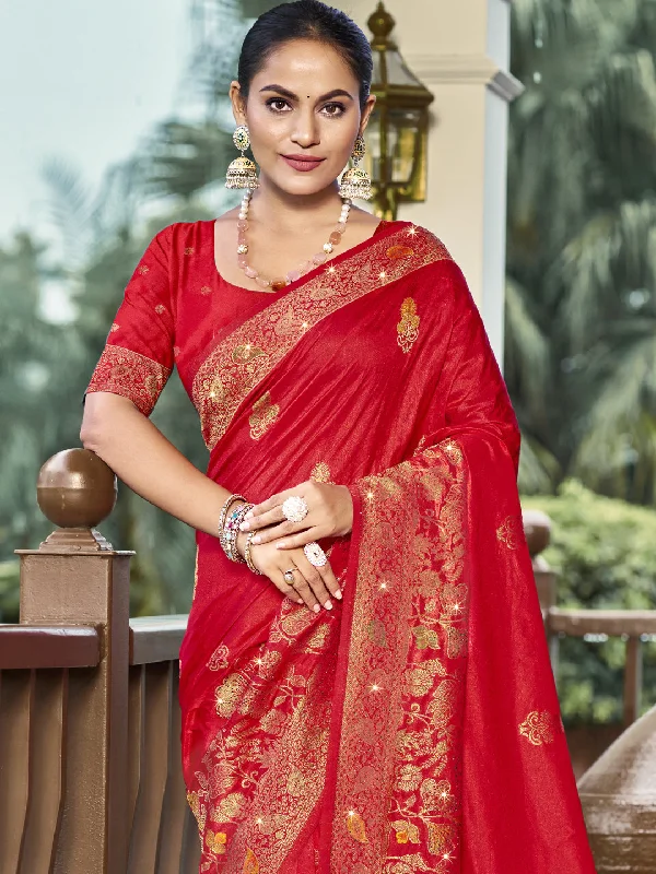 Women Red Silk Saree With Un Stitched Blouse Elegant Lace Blouse