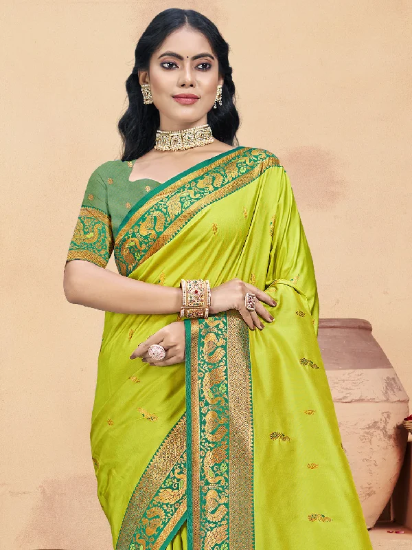 Women Parrot Green Silk Saree With Un Stitched Blouse Boho Chic Blouse