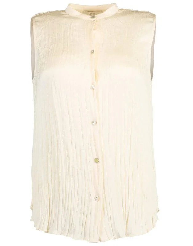 Chiffon Sleeveless Crushed Band Collar Blouse Frilled Cuff Blouse
