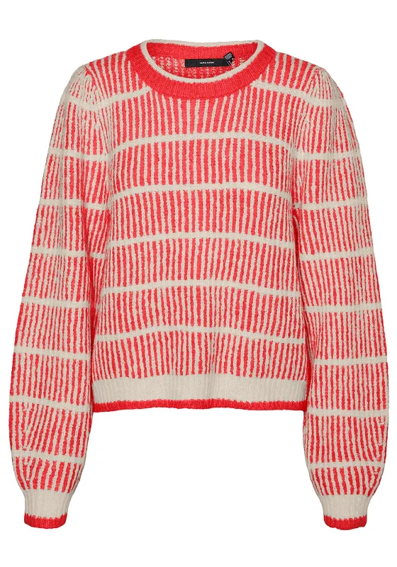 Vero Moda Cala Vertically Striped Knitted Jumper, Cayenne Zippered Buttoned Snapped