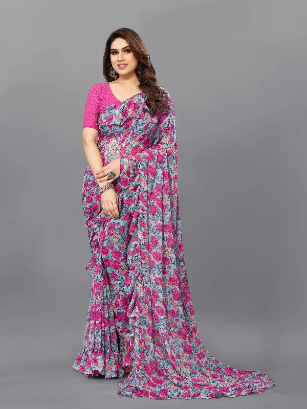 Women Pink Flower Georgette Printed Saree With Un-Stiched Blouse Embroidered Floral Blouse Women Pink Flower Georgette Printed Saree With Un-Stiched Blouse Embroidered Floral Blouse