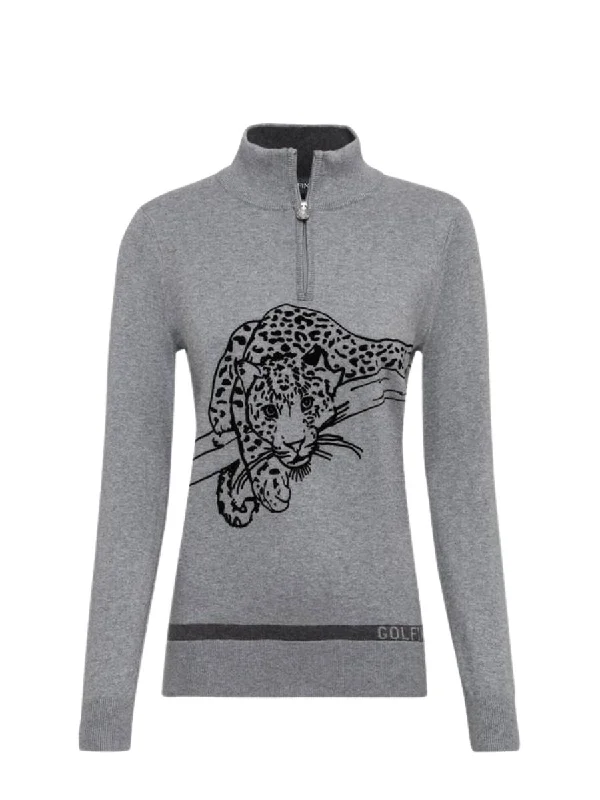 Leopard Instict Troyer Sweater In Grey Chenille Blend Fleece Blend Nylon Blend