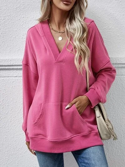 V-Neck Drop Shoulder Long Sleeve Hoodie Hoodie with Neon Bright Vibrant