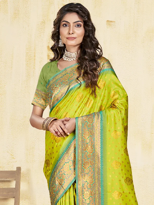 Women Parrot Green Silk Saree With Un Stitched Blouse Satin Drape Blouse