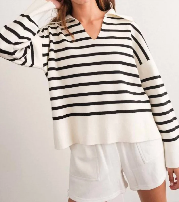 Striped V Neck Sweater In Black/white Notch Collar Peter Pan Collar Cowl Neck