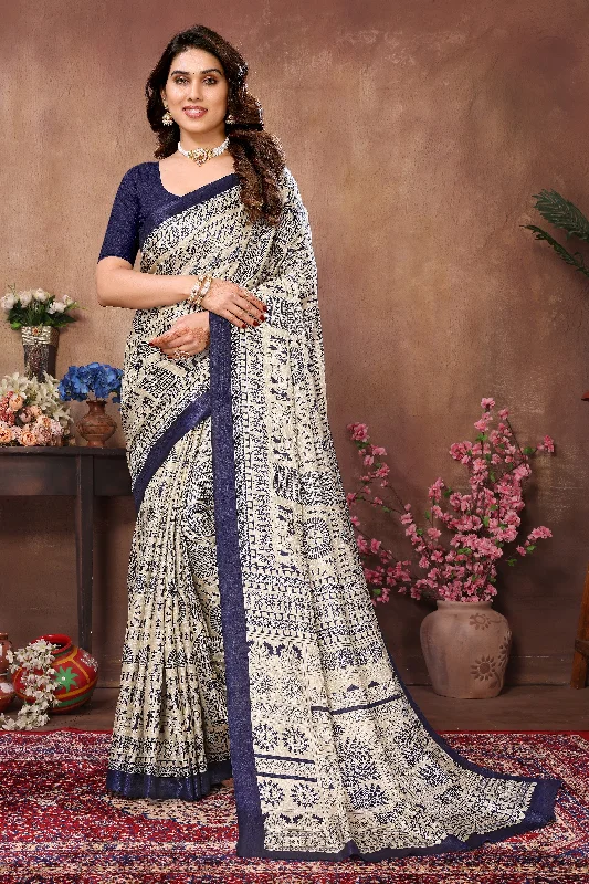 Women Cream Khadi Printed Saree With Un-Stiched Blouse Elegant Silk Blouse