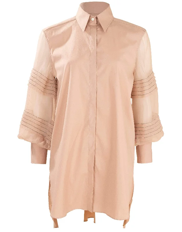 Pleated Organza Sleeve Tunic Blouse Collared Satin Blouse