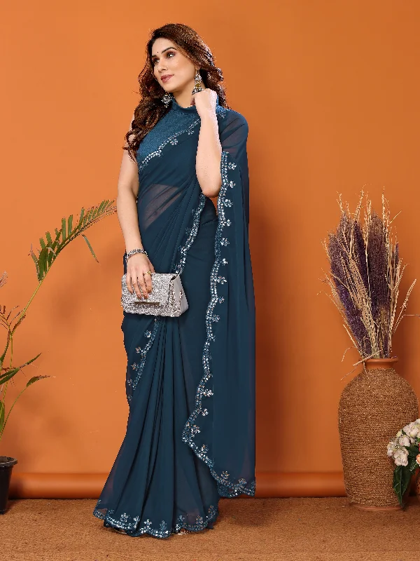 Women Rama Georgette Plain Saree With Un-Stiched Blouse Feminine Puff Blouse