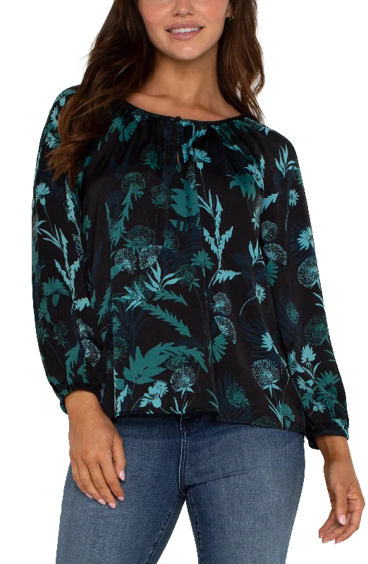 LONG SLEEVE SHIRRED WOVEN BLOUSE Silky Draped Blouse