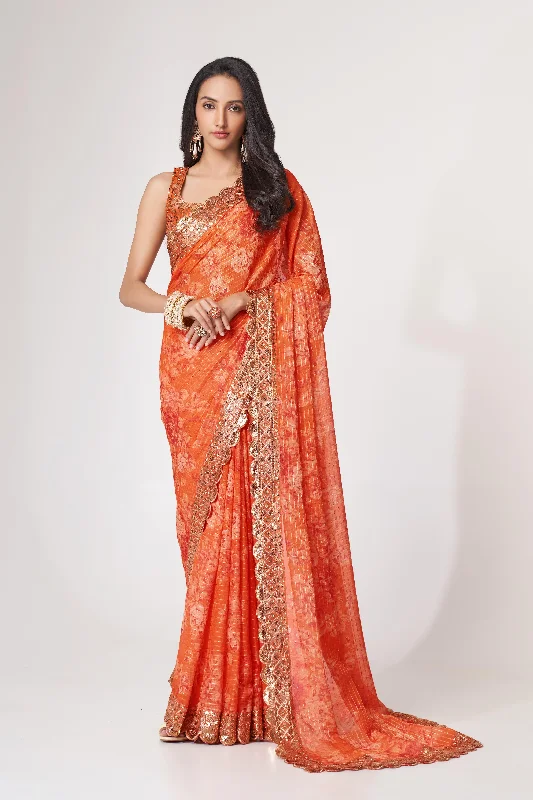 Women Orange Organza Sequins Embroidery Work With Digital Print Saree With Un-Stiched Blouse Loose Oversized Blouse Women Orange Organza Sequins Embroidery Work With Digital Print Saree With Un-Stiched Blouse Loose Oversized Blouse