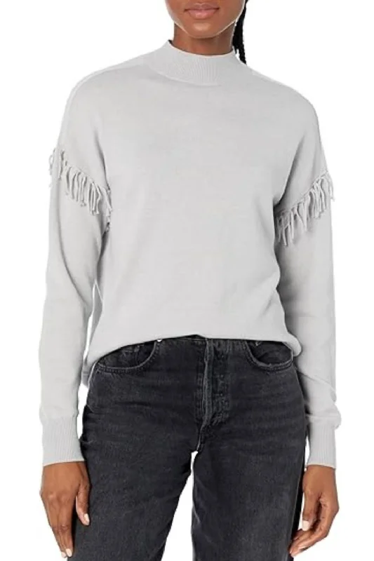 Fringe Mock Neck Sweater In Silver Satin Blend Silk Blend Wool Blend