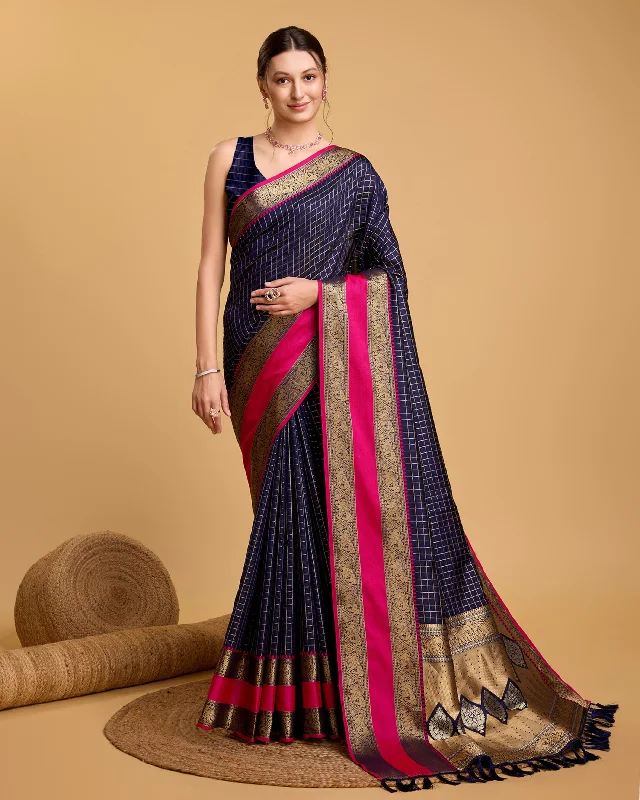 Women Dark Blue Pure Jacquard Weaving Work Saree With Un-Stiched Blouse Romantic Lace Blouse Women Dark Blue Pure Jacquard Weaving Work Saree With Un-Stiched Blouse Romantic Lace Blouse