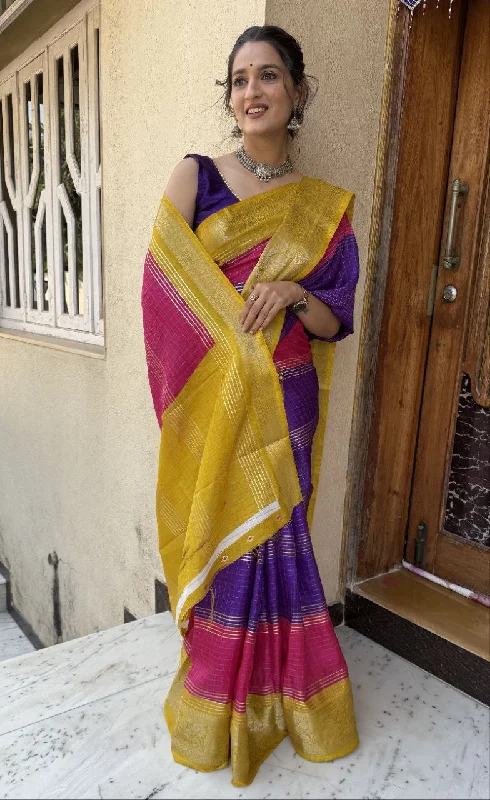 Women Party Wear Foil Chex Printed Dhola Silk Saree with Un Stitched Blouse Chic Square Blouse