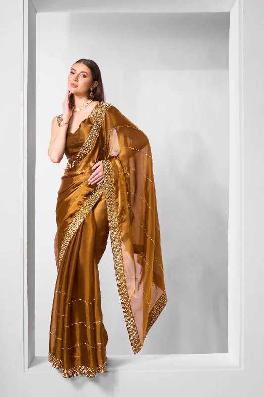 Women Party Wear Heavy Diamond Worked Premium Organza Saree with Un Stitched Blouse Elegant Semi-Sheer Blouse