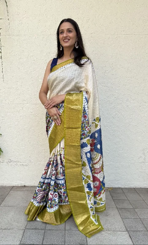 Women Party Wear Kalamkari Printed Dhola Chex Saree with Un Stitched Blouse Textured Cotton Blouse