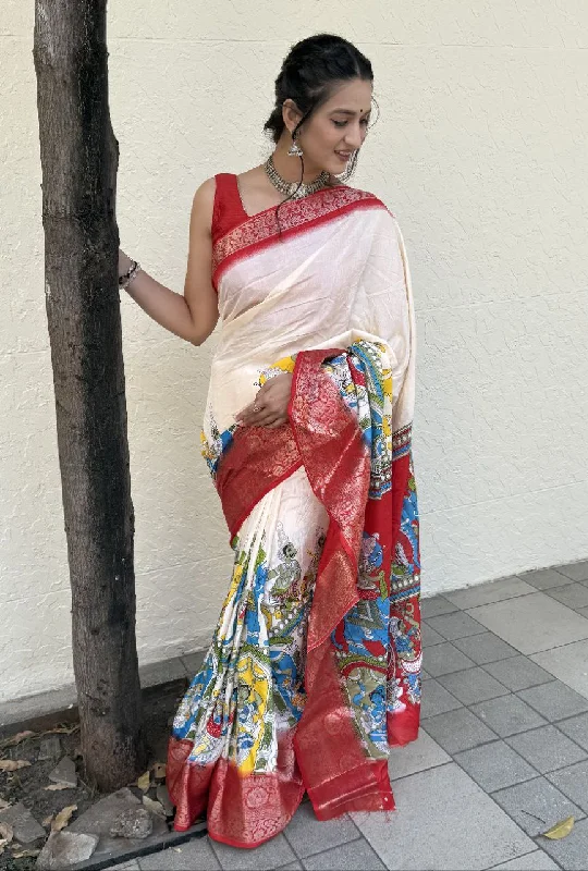 Women Party Wear Flower Print Dhola Silk Saree with Un Stitched Blouse Elegant Semi-Sheer Blouse